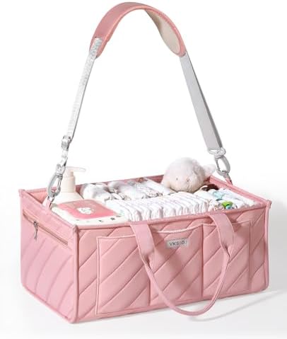Extra Large Diaper Caddy Organizer – Big Nursery Storage Basket with Zipper Pocket, Shoulder Strap & Stroller Hooks, Water-Resistant Travel Tote for Twins, Gift for Baby Shower, Blush Pink by VKSAO