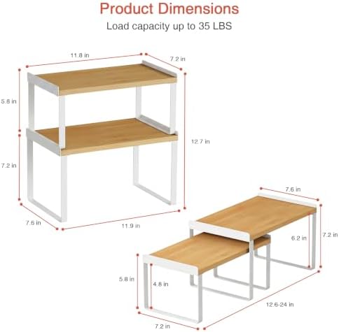 Goozii Cabinet Shelf Organizers Set of 4, Kitchen Countertop Rack for Plates Dishes Cups Mugs Spices, Pantry Cupboard Cabinet Organizers, Storage Shelves Rack Insert for Counter (Bamboo Wood, White) - Image 6