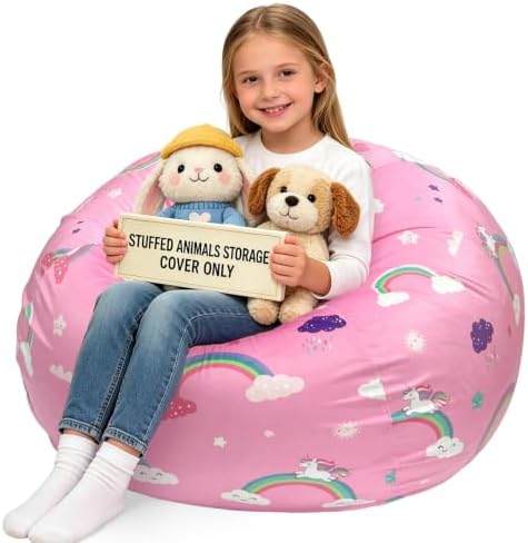 Lukeight Unicorns Stuffed Animal Storage Bean Bag Chair Cover for Kids, Velvet Plush Toy Organizer Seat, Cover Only, No Filling Included, Long YKK Zipper, Side Pocket, X-Large 30"D x 18"H by Lukeight