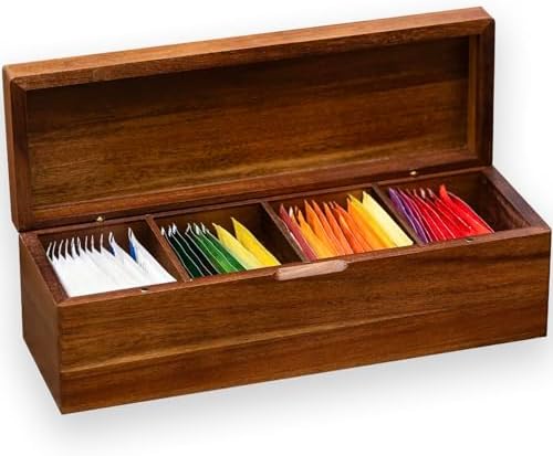 Acacia Wooden Tea Bag Organizers, Tea packet Storage Boxes, Tea Caddy for Tea Bags Chest, Teabag Holder Containers, Teabox Station Display, Organizador De Tes Caja Para Te, 4 Compartments by FLYIEE