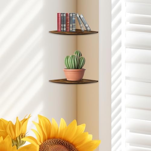 JJL Corner Shelves, 12 Inch Deep Corner Shelf Wall Mounted with Wire Hole, 4 Tier Circular arc Corner Hanging Shelving for Wall Storage, for Speaker, Cable Box, Rust Brown - Image 4