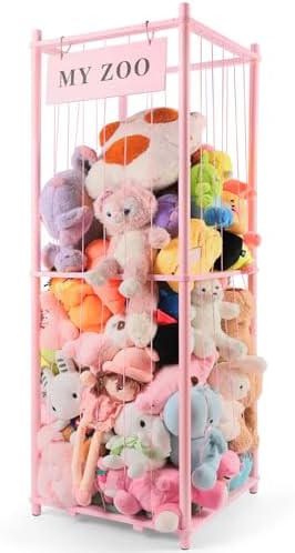 GLDZI Stuffed Animal Storage Zoo, Wooden Stuffed Animal Organizer with Elastic Cords for Boys Girls, Space Saving Toy Plushies Storage Holder for Playroom, Bedroom, Living Room (Pink, Large) by GLDZI