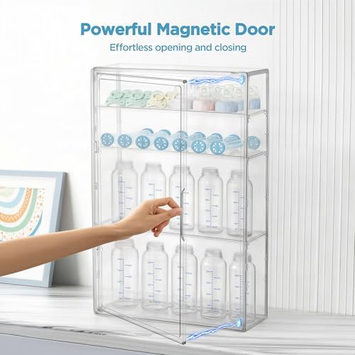 HBlife Baby Bottle Storage Organizer for Wall Countertop Cabinet, 4 Tiers Adjustable Clear Acrylic Bottles Storage Station Case Box Container with 3 Removable Dividers and Magnetic Door, Large - Image 5