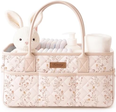 Konssy Baby Diaper Caddy Organizer, Floral Design with PU Leather Handles by Konssy
