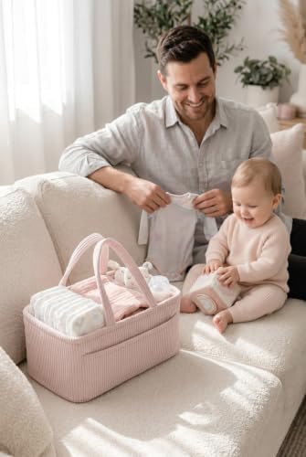 Diaper Caddy Organizer, Premium Baby Pink Corduroy Nursery Storage Basket with Removable Dividers & Handles, Portable Organizer for Diapers, Essentials, Baby Registry & Shower Gift - Image 5