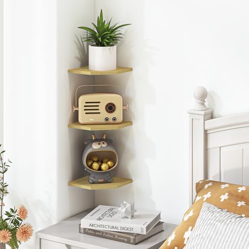 Corner Shelf Wall Mount, Floating Corner Shelves, Set of 6 Corner Wall Shelf Organizer, Rustic Wood Wall Storage Display Shelves for Living Room Bedroom Bathroom Kitchen, Rustic Brown, Oak - Image 6