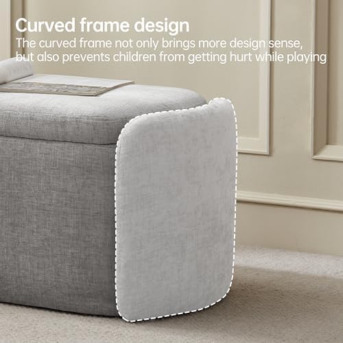 VKNOW 46" Oval Storage Ottoman Bench, Upholstered End of Bed Bench Ottomans Bench Foot Rest, Sherpa Storage Bench for Bedroom, Living Room and Hallway, Light Grey - Image 4
