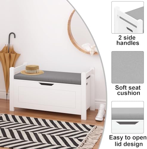 Storage Chest, Storage Bench with Cushion Seat, Toy Chest, Wooden Toy Box with 2 Safety Hinges, Shoe Bench, for Entryway, Living Room, Bedroom, White - Image 4