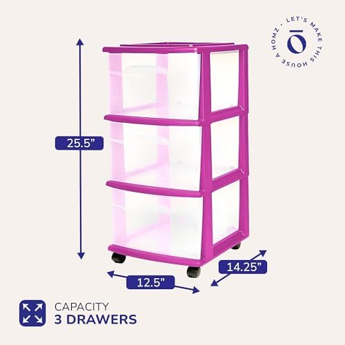 HOMZ Drawer Tower, 3-Tier Storage Cart with Removable Wheels, Purple Frame - Image 3