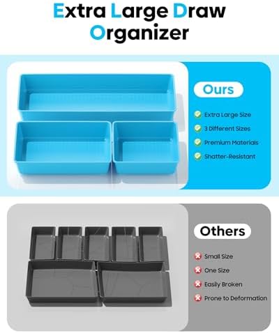 10 Pack Large Size Plastic Drawer Organizers Set, 3 Sizes Desk Drawer Organizer Trays, Storage Bins for Vanity, Makeup, Bathroom, Kitchen Utensils and Office (Blue) - Image 3