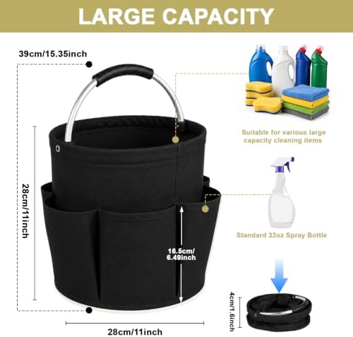 Premium Cleaning Caddy with Handle | Large Capacity Cleaning Supply Caddy with Deep Side Pockets | Collapsible Organizer Bag for Car Wash Supplies and Garden Tools (Black) - Image 7