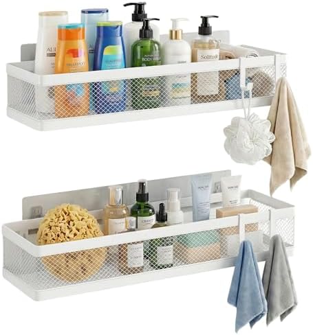 PUSDON 16.5-Inch Extra Long Slim Mesh Shower Caddy, Wall Mounted Bathroom Organizer with Adhesive, Heavy Duty Rustproof Shelf for Narrow Kitchen Pantry & RV, Holds 50 LBS 2-Pack - White Netting by PUSDON