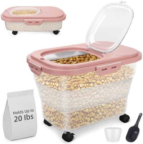 Airtight Pet Food Container, Collapsible Dog Food Storage Container 17-20 lb with Castors, Plastic Dog Food Bin with Pet Food Scoop & Measuring Cup for Dry Food Storage(red) by YECERCAN