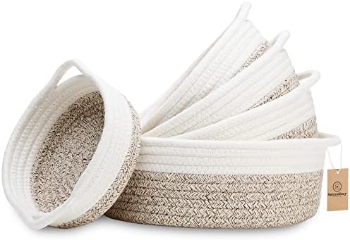 NaturalCozy 5-Piece Round Woven Cotton Rope Storage Baskets for Organizing, Small Shallow Nesting Set for Montessori Toys, Entryway Catchall, Fruit Bowl, Key Tray, Remote Holder, Nursery & Pet Toys by NaturalCozy