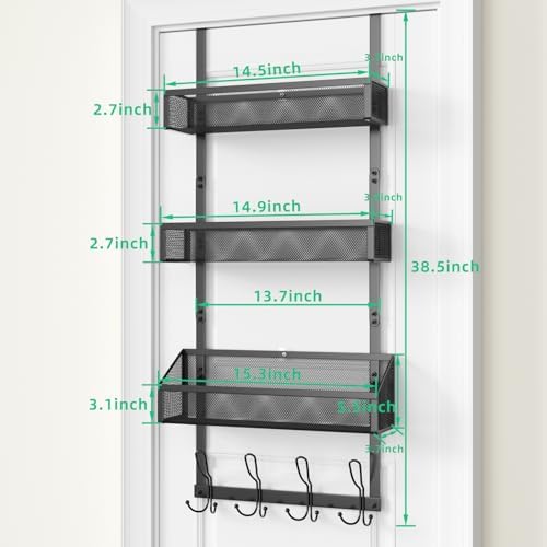4-Tier Over The Door Hooks Organizer, Over Door Hanger with 12 Coat Hooks & 3 Mesh Baskets, Space-Saving, Rustproof Storage Organizer for Bathroom, Bedroom, Kitchen, Dorm, Black - Image 3