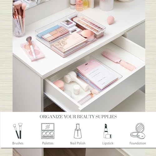 STORi SimpleSort 2-Piece Stackable Clear Drawer Organizer Set | 12" x 9" x 2" Rectangle Trays | Wide Makeup Vanity Storage Bins and Office Desk Drawer Dividers | Made in USA - Image 3