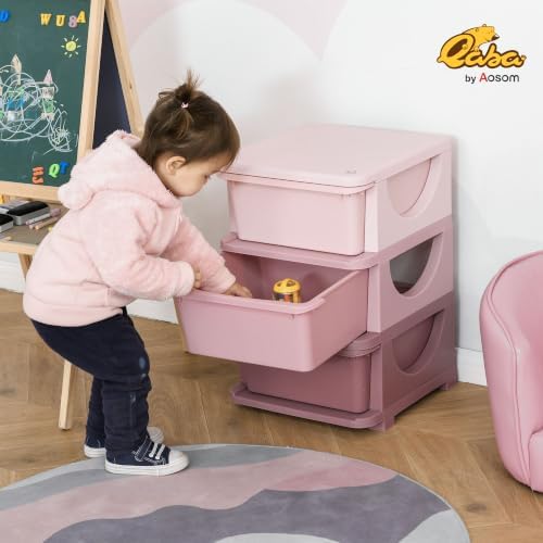 Qaba 3 Drawers Kids Storage Unit 3 Tier Toy Organizers Pink - Image 2