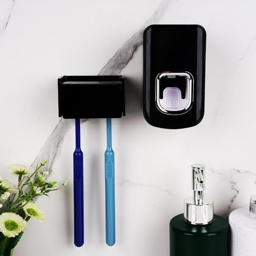 2 Slots Wall Mount Toothbrush Holder with Cover, Self Adhesive Toothbrush Storage Organizer for Shower, Toothbrush Hanger with Automatic Toothpaste Squeezer Dispenser(Black) - Image 3
