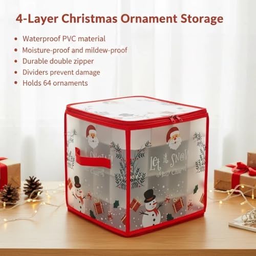 Christmas Ornament Storage Box, Christmas Tree Ornament Organizer, Hard Plastic Storage Container with Dividers, Clear Design Waterproof Case for 3" Seasons Balls (Red) - Image 2