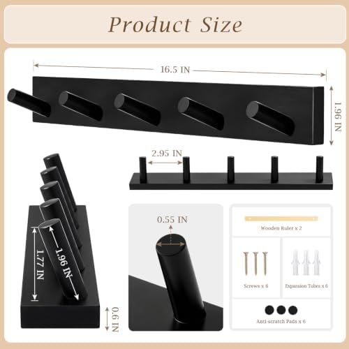 Coat Rack Wall Mount, Wooden Coat Hanger, Black, 2 Pcs - Image 5