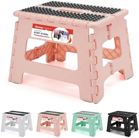 ACSTEP 9 Inch Folding Step Stool 300 LB Capacity Non Slip Foot Stool with Handle Plastic Foldable Step Stools for Kids Stepping Stool for Bathroom Black Small Step Stool (1 PC Pink) by ACSTEP