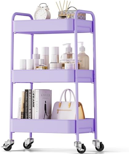 TOOLF 3 Tier Metal Rolling Cart, Utility Storage Cart with Wheels, Purple by TOOLF
