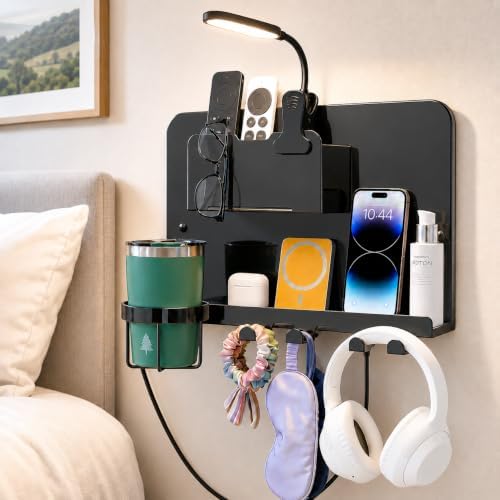 Floating Bedside Wall Shelf, Metal Wall Organizer with Detachable Cup Holde by ODCPN