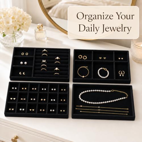4 Pack Stackable Jewelry Organizer Tray Set - Velvet Display Case - Image 2