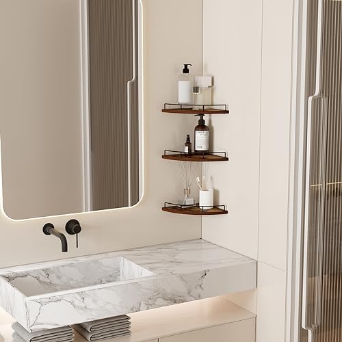 HORLIMER 3 Pack Floating Corner Shelf Wall Mount with Fence, Brown - Image 5