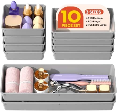 10 Pack Large Size Plastic Drawer Organizers Set, 3 Sizes Desk Drawer Organizer Trays, Storage Bins for Vanity, Makeup, Bathroom, Kitchen Utensils and Office (Gray) by Unknown