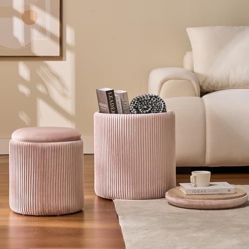 BLEXA Set of 2 Round Storage Ottoman, Velvet Pink Ottoman with Storage - Image 2