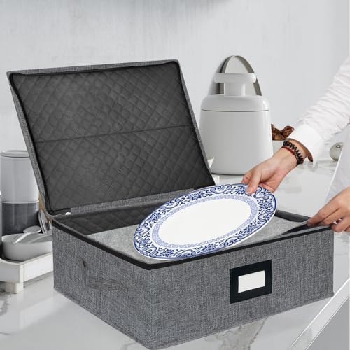 homyfort Platter Storage Case - Stackable China Storage Containers Hard Shell with Durable Zipper & Label & Sturdy Handles, 5.3” Height, Structured Top, 4 Felt Dividers Included (Dark Gray) - Image 2