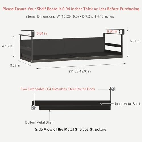 Expandable Under Cabinet Shelf Organizer with 0.94-Inch Thick Clips, Heavy Duty Extendable Under Shelf Storage Basket for Pantry or Laundry Room, Black, 1 Pack, Interior: 4.13" H x 7.2" D - Image 3