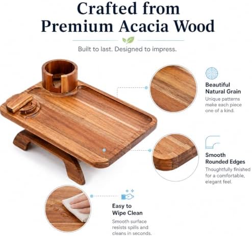 Couch Cup Holder Tray, 3 in 1 Acacia Wood Sofa Arm Clip On Tray Table with 360° Rotating Phone Holder | Couch Armrest Tray for Sofa, Recliner & Chair, Wood Side Table Tray with Drink Holder - Image 3