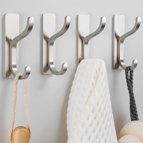 Adhesive Wall Hooks for Towel/Coat,13Lb Stick-On Hook,Brushed Silver 4 Pack by pickpiff