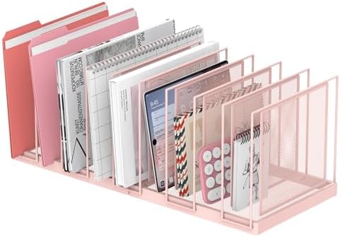 9-Section Desk File Organizer, Vertical File Holder, Mesh Desktop File Folder Metal File Organizer Stand for Office Home Classroom, Pink by JMHUD