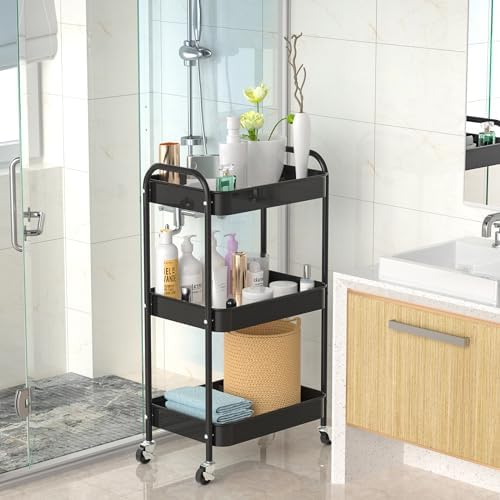 3-Tier Rolling Cart, Metal Utility Storage Carts with Wheels, Black - Image 3