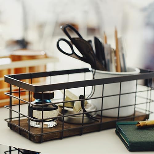 TIEYIPIN Farmhouse Small Metal Wire Storage Basket Bin, Rustic Home Storage Organizer with Wooden Bottom for Kitchen, Cabinets, Bathroom Counter, Pantry, Garage, Laundry Room - Black (4 Pack) - Image 6