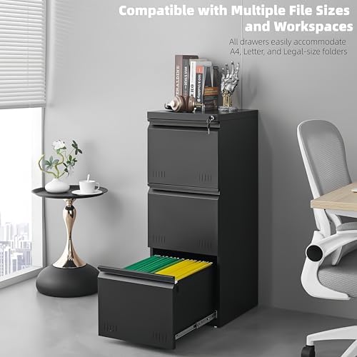 Approgreent Vertical 3 Drawer File Cabient with Lock, Metal Filing Cabinets for Home Office, Heavty Duty Office Storage Cabinet for A4/Letter/Legal (Matte Black) - Image 5