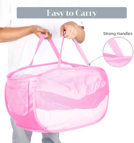 Durable Collapsible Laundry Baskets, Mesh Pop Up Laundry Hamper with Side Pocket, Foldable Clothes Hamper with Reinforced Carry Handles for Laundry, Bathroom, Kids Room, Dorm or Travel 2 Pack Pink - Image 5