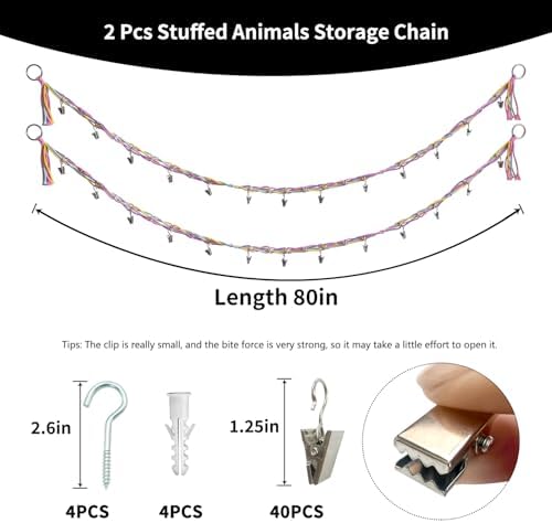 2 Pcs 80” Cotton Hanging Storage Chains for Stuffed Animal, Each Boho Display Chain Comes with 20 Metal Clips, Nursery Hanging Storage Organizer for Wall or Corner Nursery playroom (Colorful) - Image 2