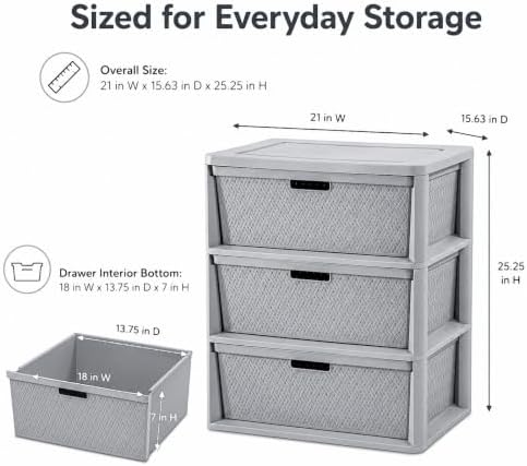 Wide 3-Drawer Plastic Storage Tower, Cross-Weave Floor Cabinet, Gray - Image 2