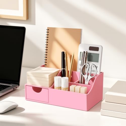 HBlife Acrylic Desk Organizer with Drawer, Pen & Pencil Holder, Multifunctional Desktop Caddy for Office Supply and Organization (All Pink) - Image 4