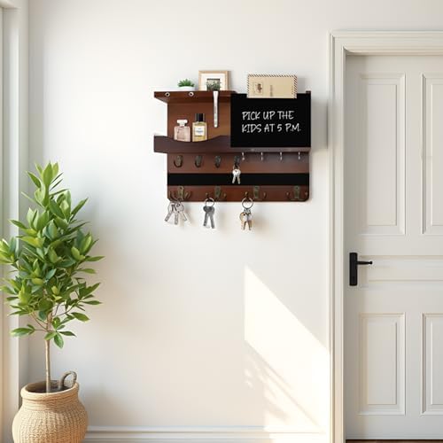 Key Holder Wall Mount with Shelf, Key Hooks for Wall, Brown - Image 3