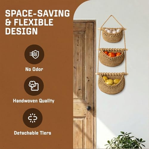Cotton Hanging Fruit Basket,3 Tier Woven wall Basket, hanging Storage baskets for Kicthen and Bathroom, Macrame wall hanging, Boho Decor Over The Door Decor Organizer, White (Brown) - Image 2