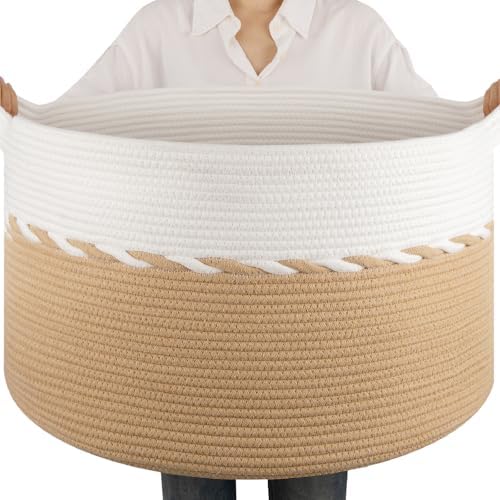 OIAHOMY 90L Extra Large Blanket Basket - Decorative Cotton Rope Storage Basket for Bedroom, Living Room & Nursery - Woven Laundry Hamper for Organizing Blankets, Clothes & Toys - Yellow & White by MasterofSpaceOptimization