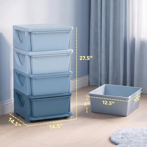 Qaba 4 Drawers Kids Storage Unit 4 Tier Toy Organizers Blue - Image 3