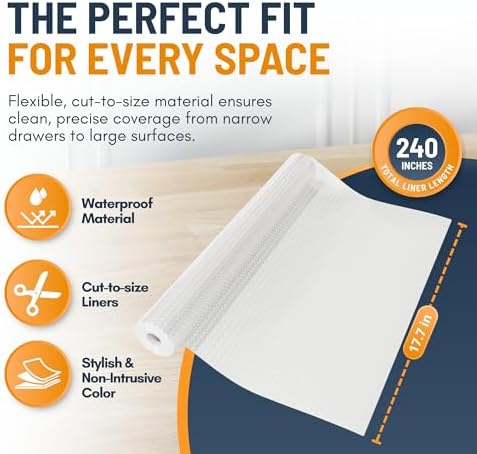 Shelf Liner Drawer Liner for Kitchen Cabinets Non-Adhesive by Linda’s Essentials (17.7 x 240 Inches) - Non-Slip Easy Clean Kitchen Cabinet and Cupboard Protector, Waterproof Mat, Clear Roll - Image 4