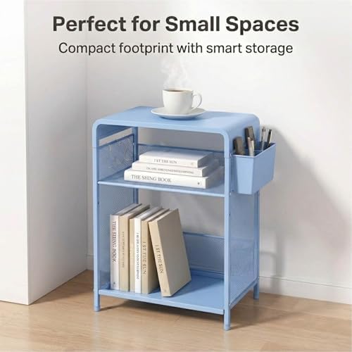 ECOLOVI Small 3 Tier Printer Stand for Under Desk, Height Adjustable Shelf Printer Table with 3 S-Hooks & Basket, Heavy Duty Industrial Storage Shelf for Home Office (Blue) - Image 2