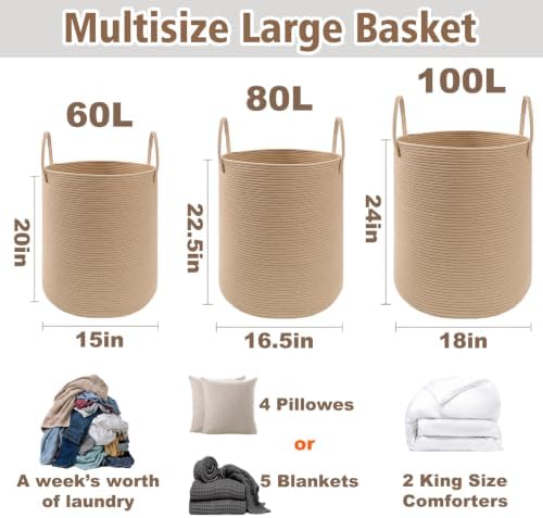 JMvicyroam 80L Cotton Rope Laundry Basket Hamper, Jute - Image 2